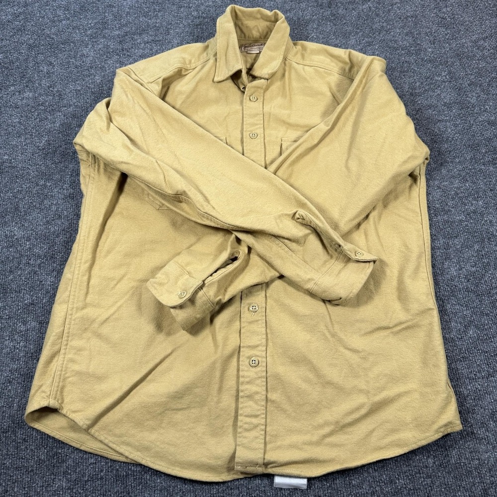 Woolrich Shirt Mens LT Beige Flannel Button Up Long Sleeve Pockets Made USA